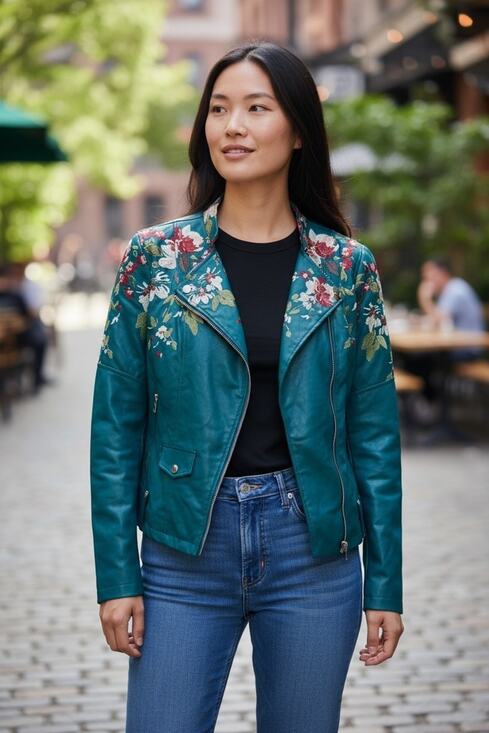 Colleen Lopez Jackets & Blazers - Colleen Lopez Women's Teal Faux Embroidered Leather Jacket 1X